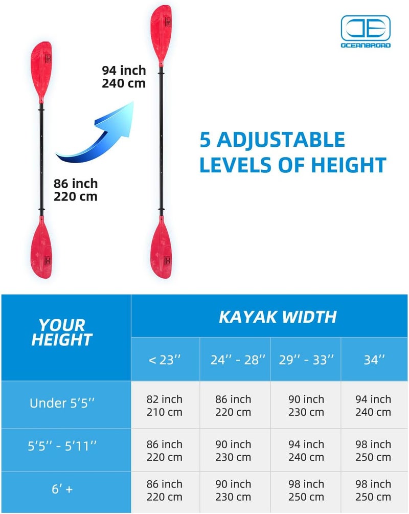 OCEANBROAD Adjustable Kayak Paddle 86in/220cm to 94in/240cm Kayaking Boating Canoeing Oar with Paddle Leash 1 Paddle - Image 3